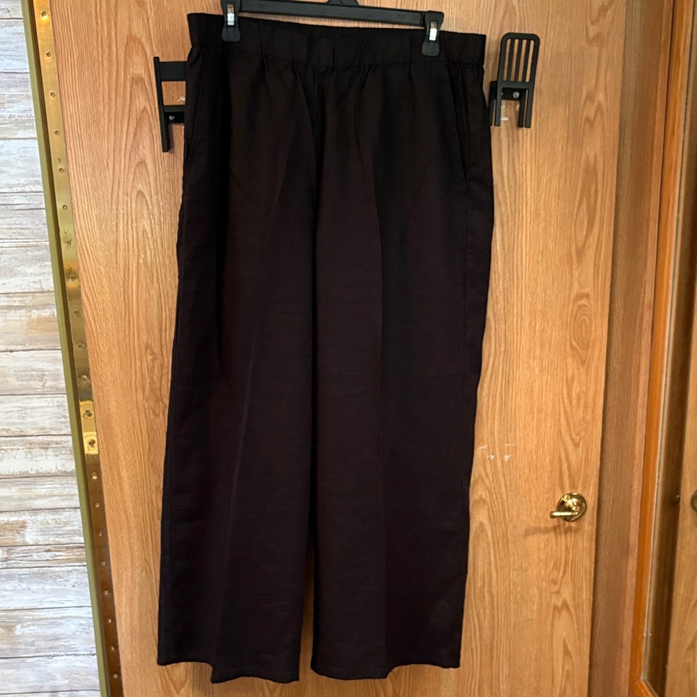 NWOT Eileen Fisher Black Organic LINEN Elastic-Waist Straight-Leg Pants